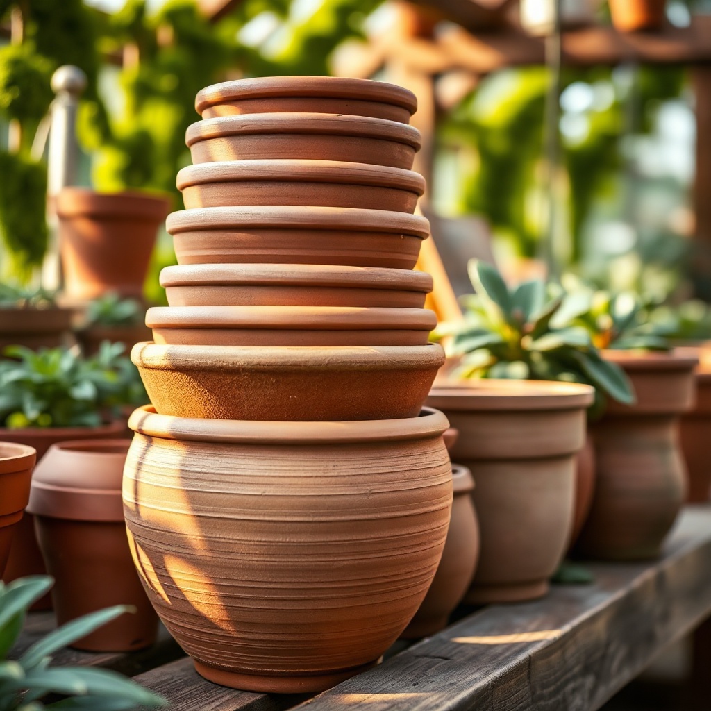 Terracotta pots stacked by diameter on a potting bench