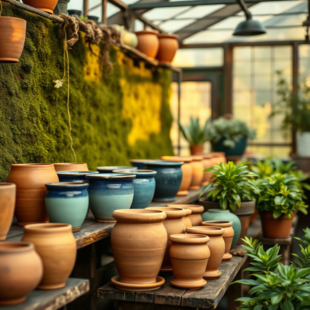 Ceramic and terracotta pots arranged by size on a greenhouse shelf