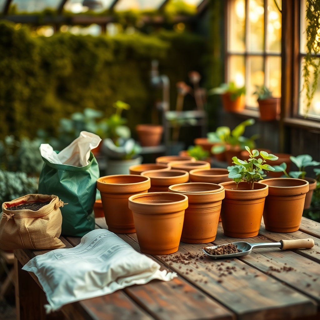 Empty terracotta vessels ready for repotting on a potting table