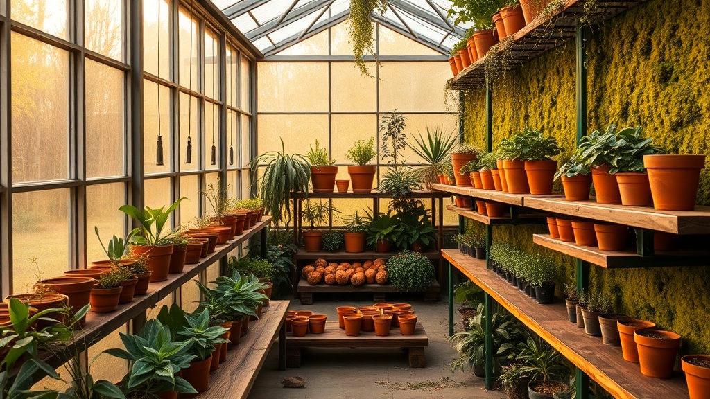 Greenhouse shelves lined with terracotta pots in warm afternoon light